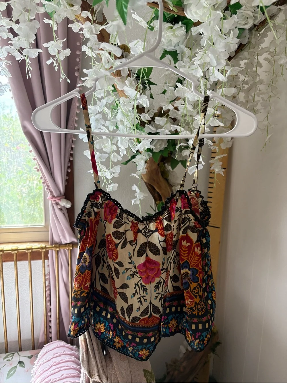 FARM Rio Floral Spaghetti-Strap Cropped Top in Cream, Pink, Red, Blue - Picture 6 of 10